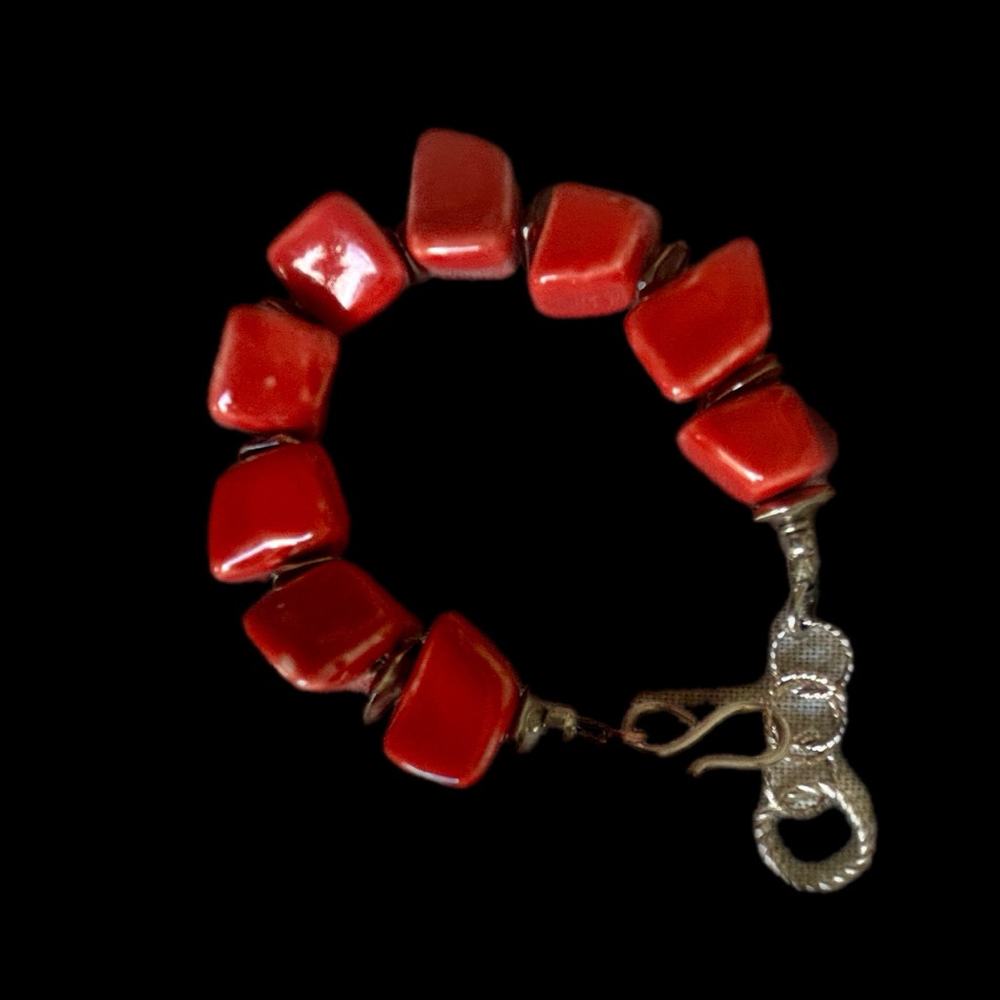 Set of 3 Handcrafted Red Coral & Silver Artisan Bracelets Boho - Picture 4 of 5